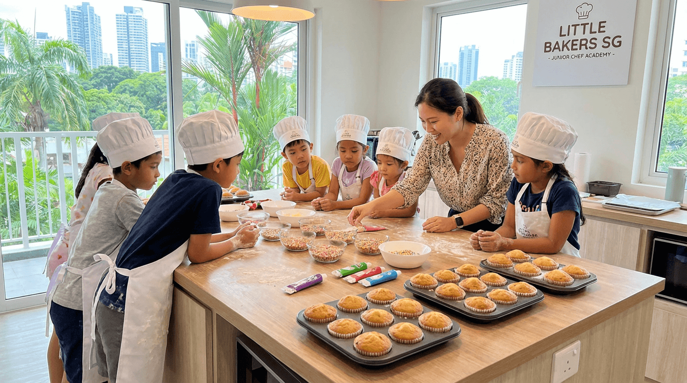 Kids decorating cupcakes in a baking class