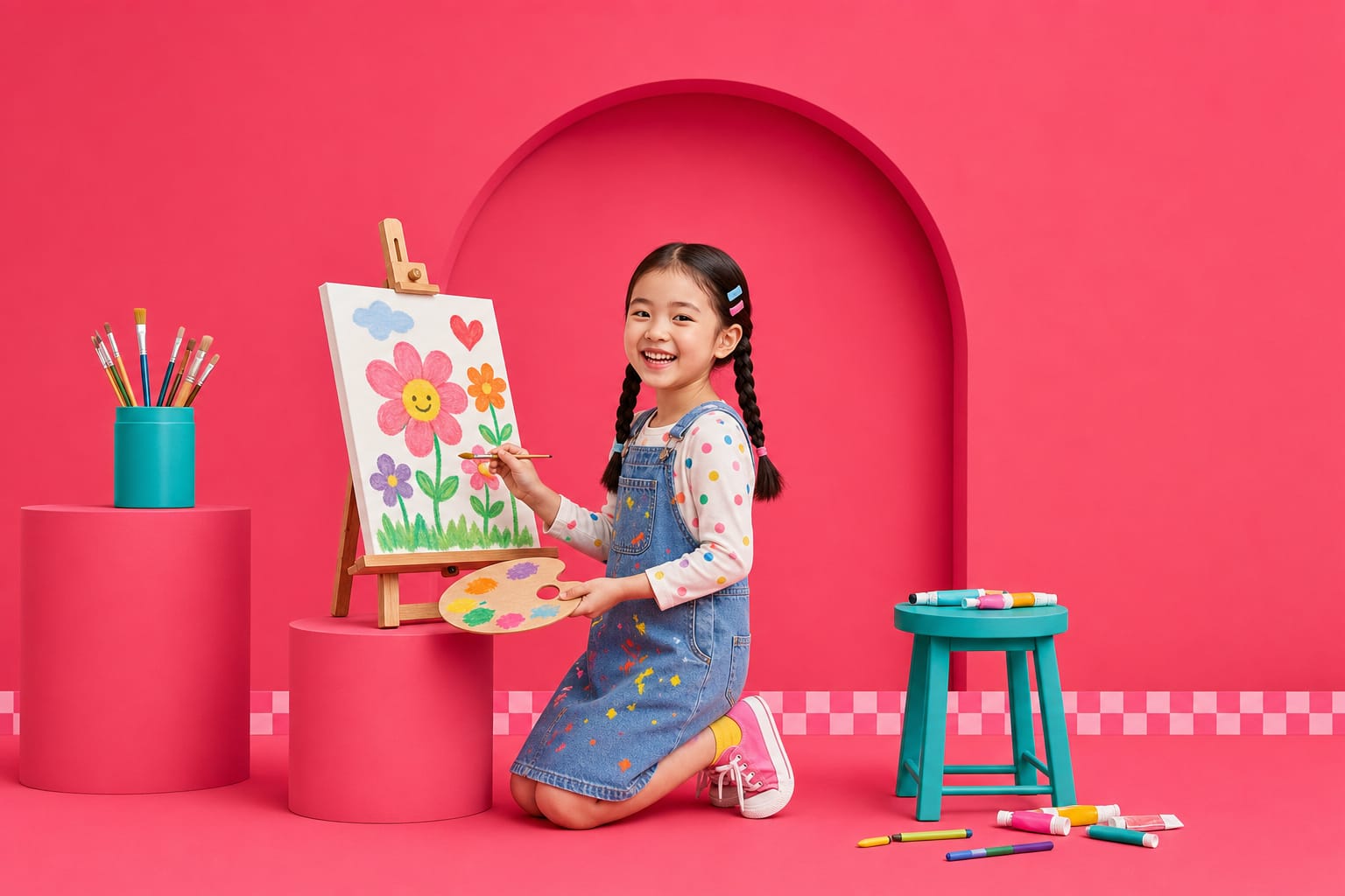 A girl paints a flower picture at a small easel in a hot-pink studio, palette in hand, a teal cup of brushes beside her.