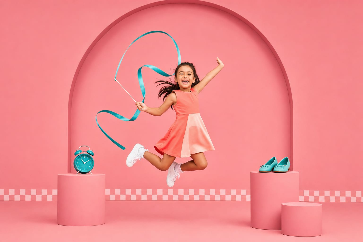 A girl leaps mid-air with a teal gymnastics ribbon arcing behind her in a rose-pink studio.