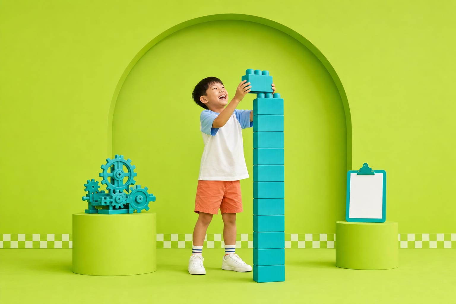 A boy stacks oversized teal building blocks into a tall tower in an apple-green studio.