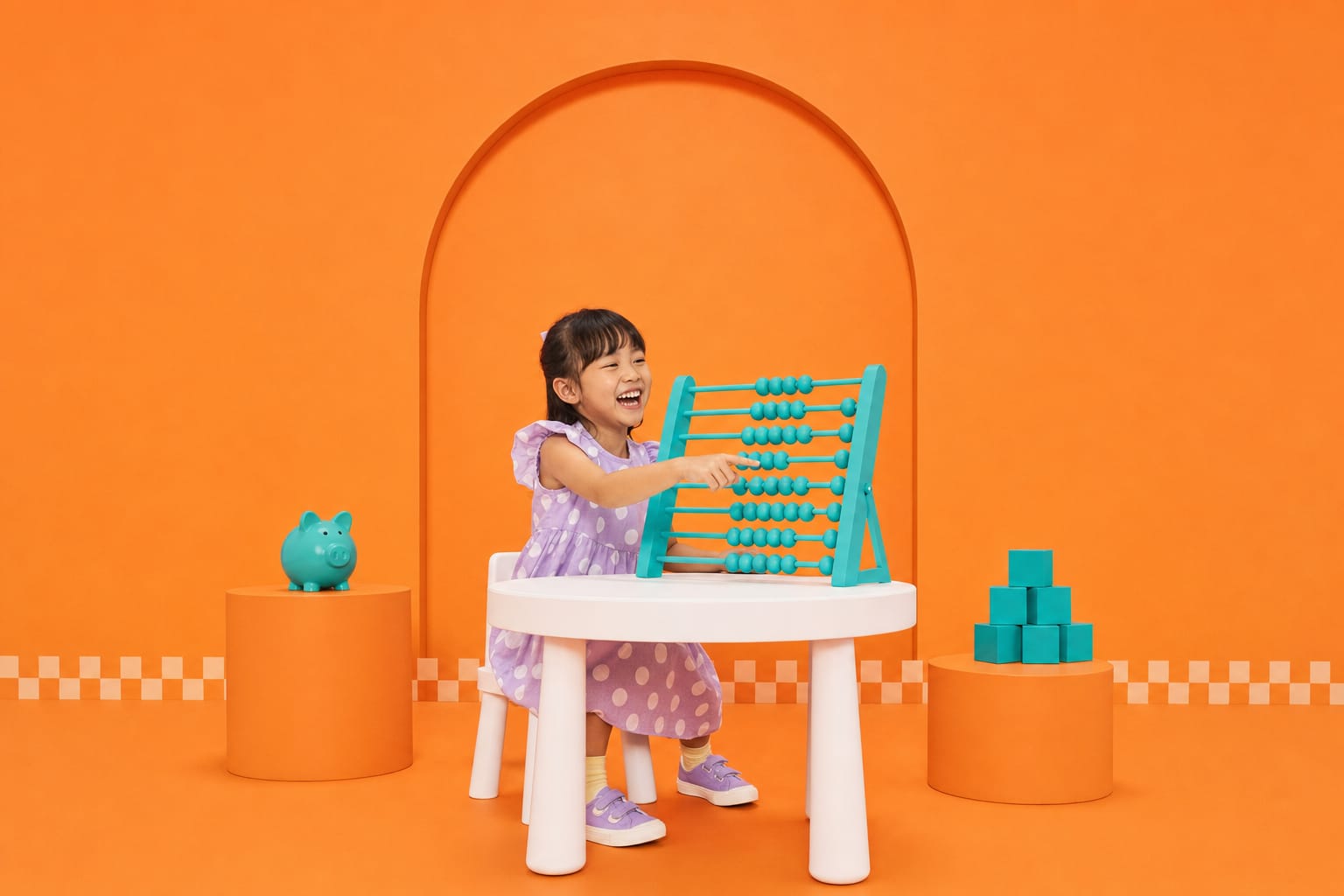 A girl slides big beads across a giant teal abacus at a table in a tangerine studio.