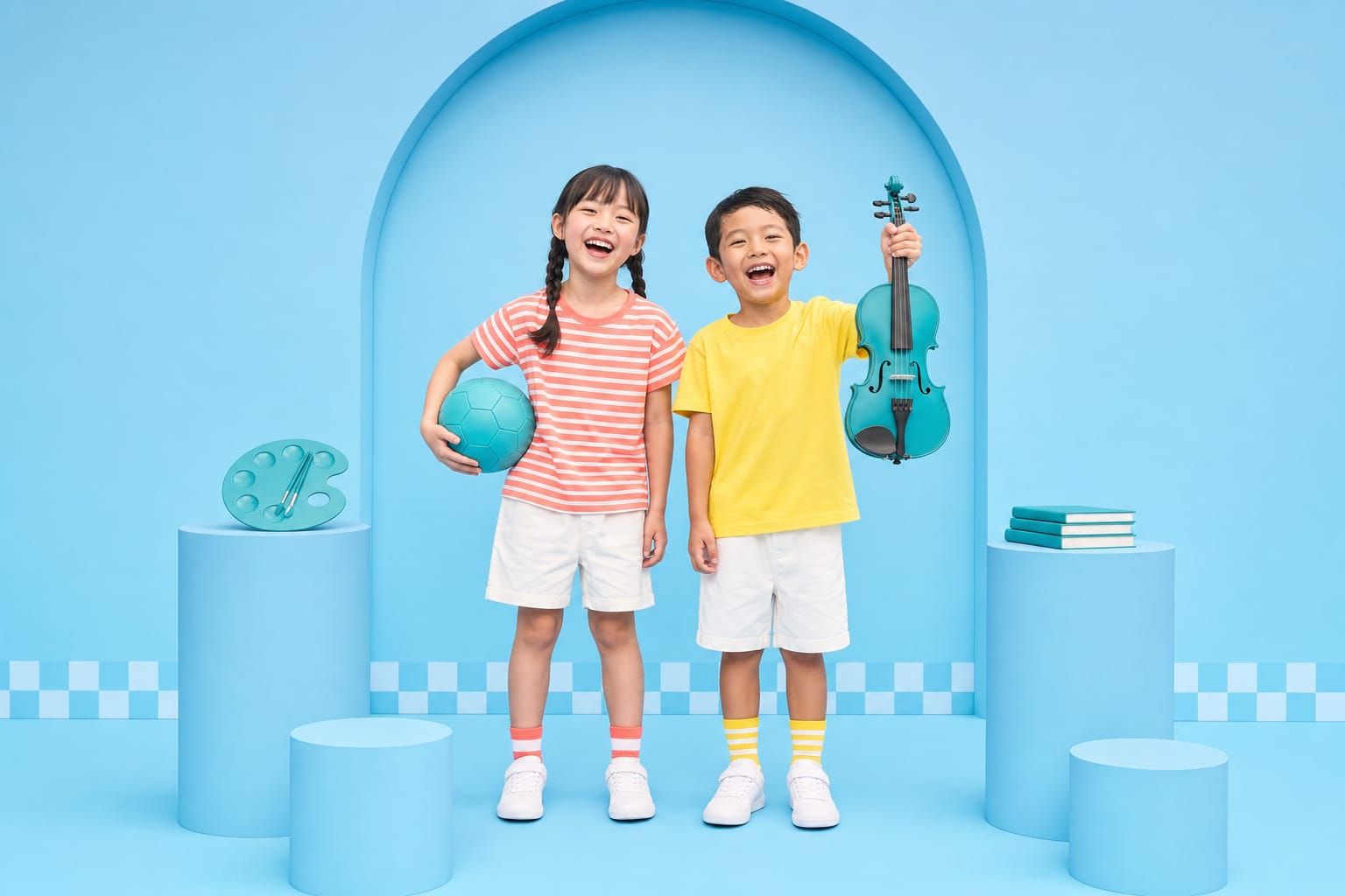 A girl holding a teal football and a boy holding up a teal violin laugh together in a sky-blue studio.
