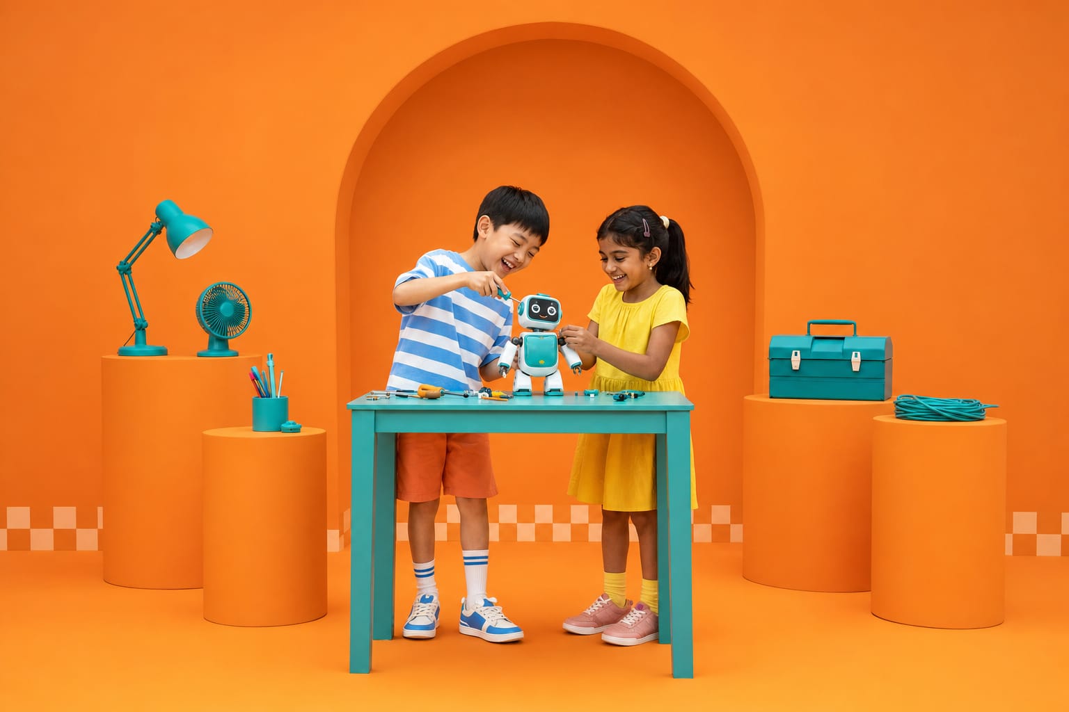 Two children laugh as they build a teal robot together at a table in an orange studio.