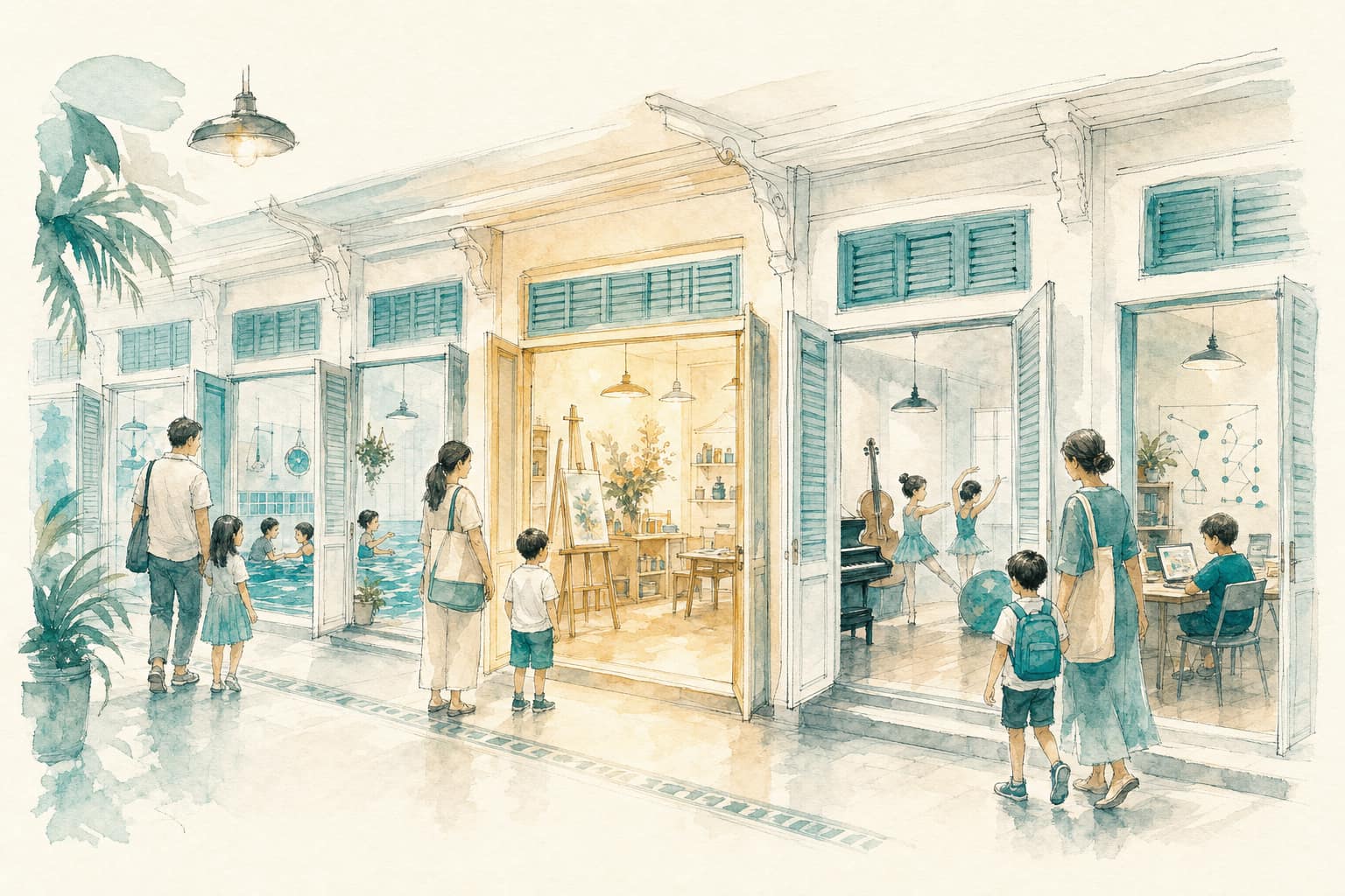 A row of Singapore shophouse studios with their shutters open: a small pool, an art room, a ballet studio, a room of children at computers.