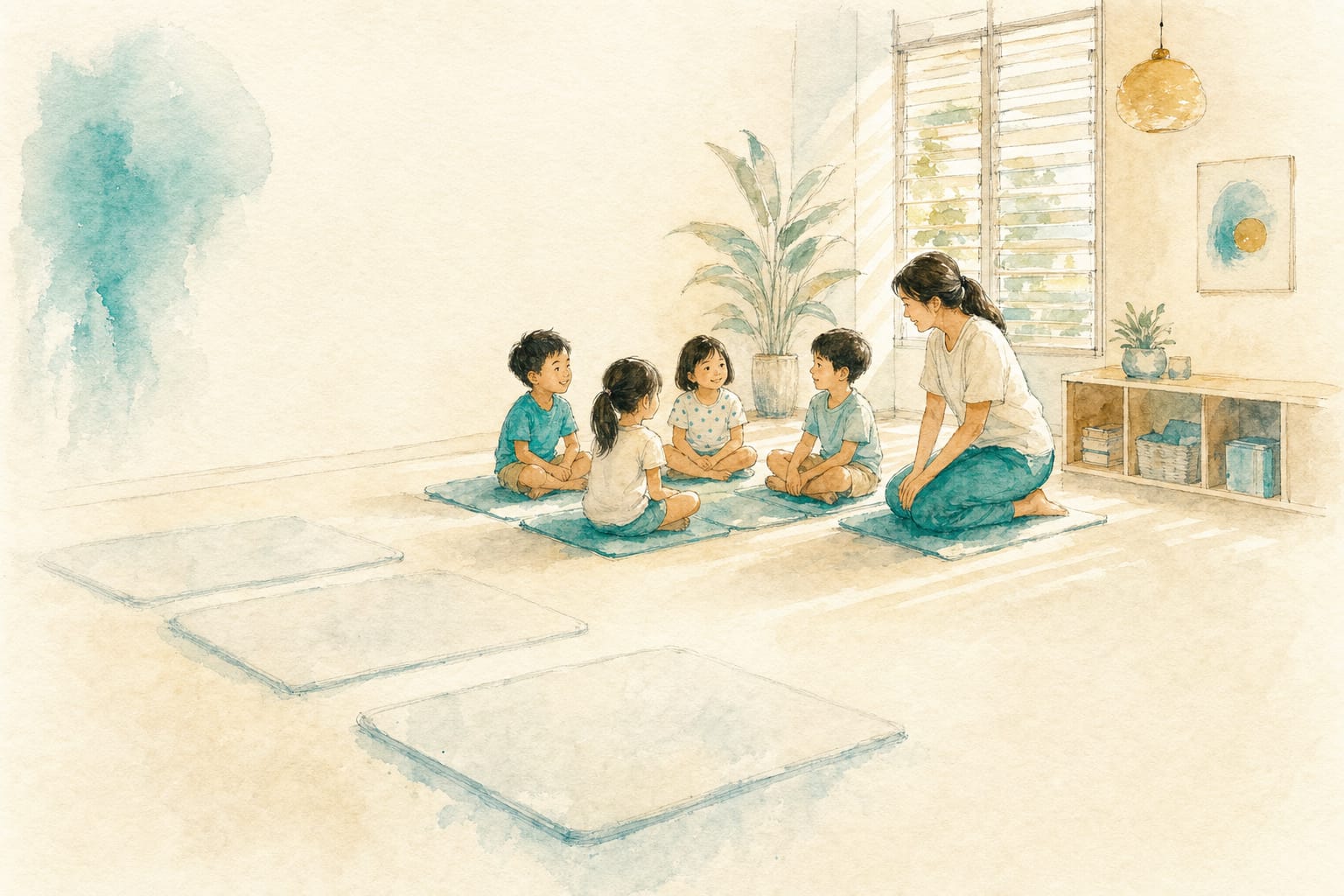A children's class in progress on mats, with several mats in the foreground left empty.