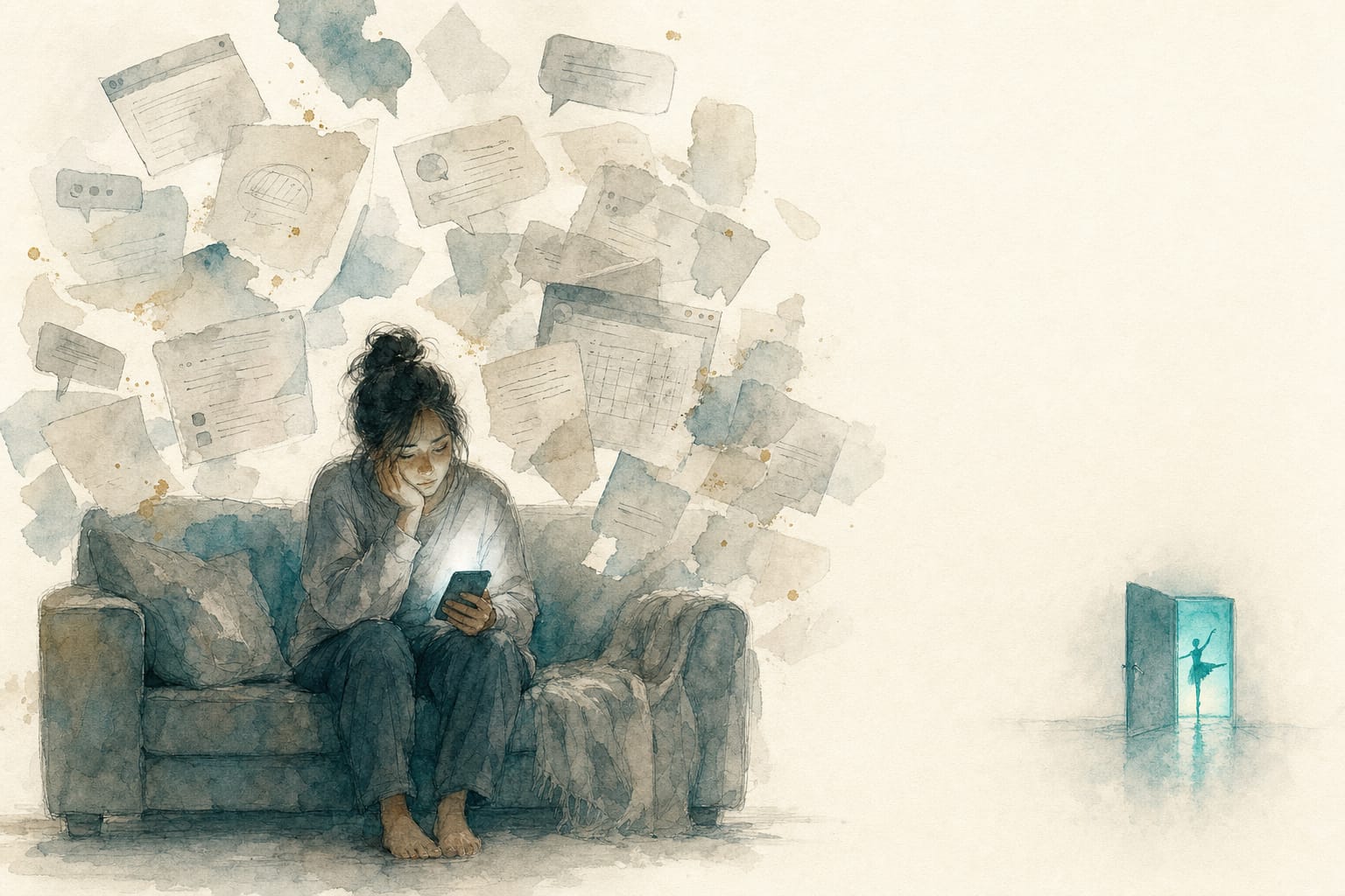 A parent at night lit only by their phone, surrounded by drifting flyers, chat bubbles and browser windows.