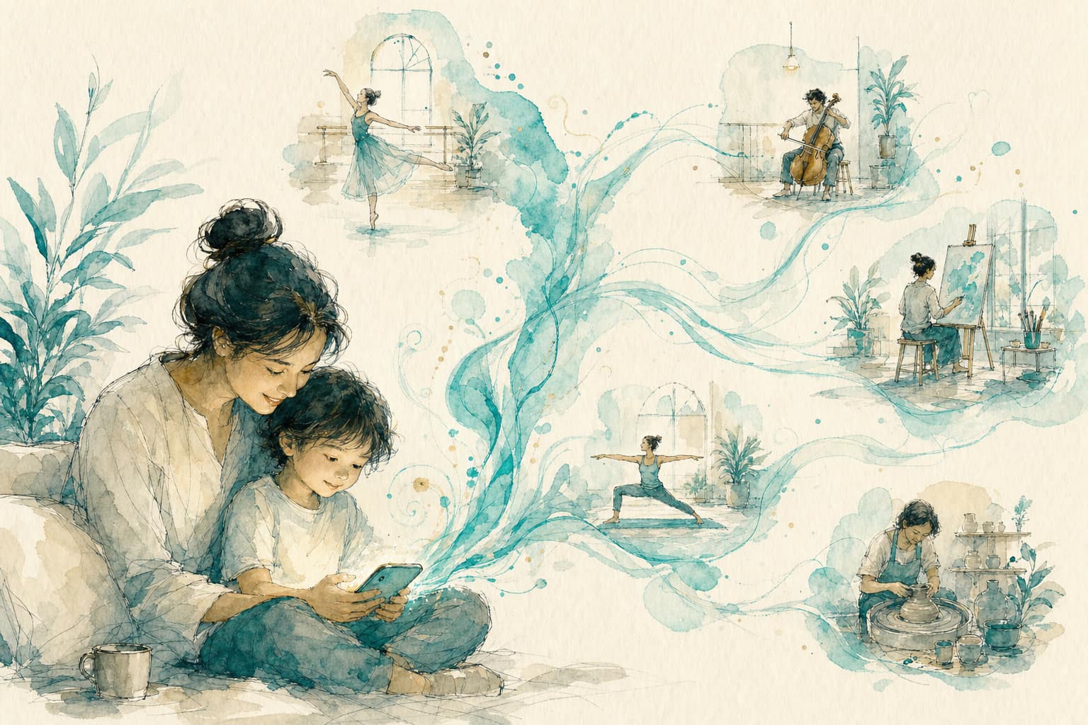 A parent and child sharing a phone, with a teal ribbon flowing from the screen out to small paintings of a dance class, a cello lesson, a painting class, a yoga class and a pottery studio.