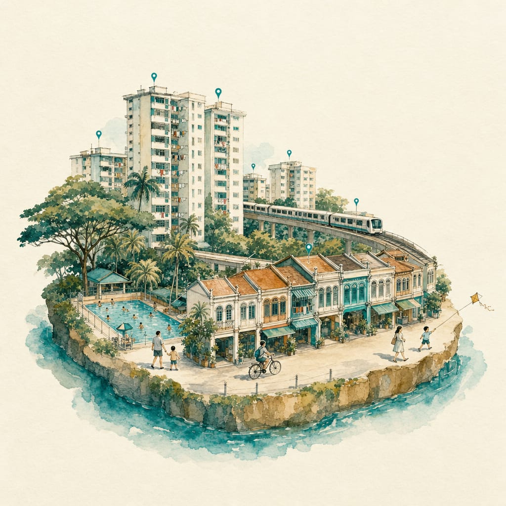 A stylised aerial diorama of Singapore: HDB blocks, a shophouse row, a train viaduct and a community pool, with small markers on the rooftops.