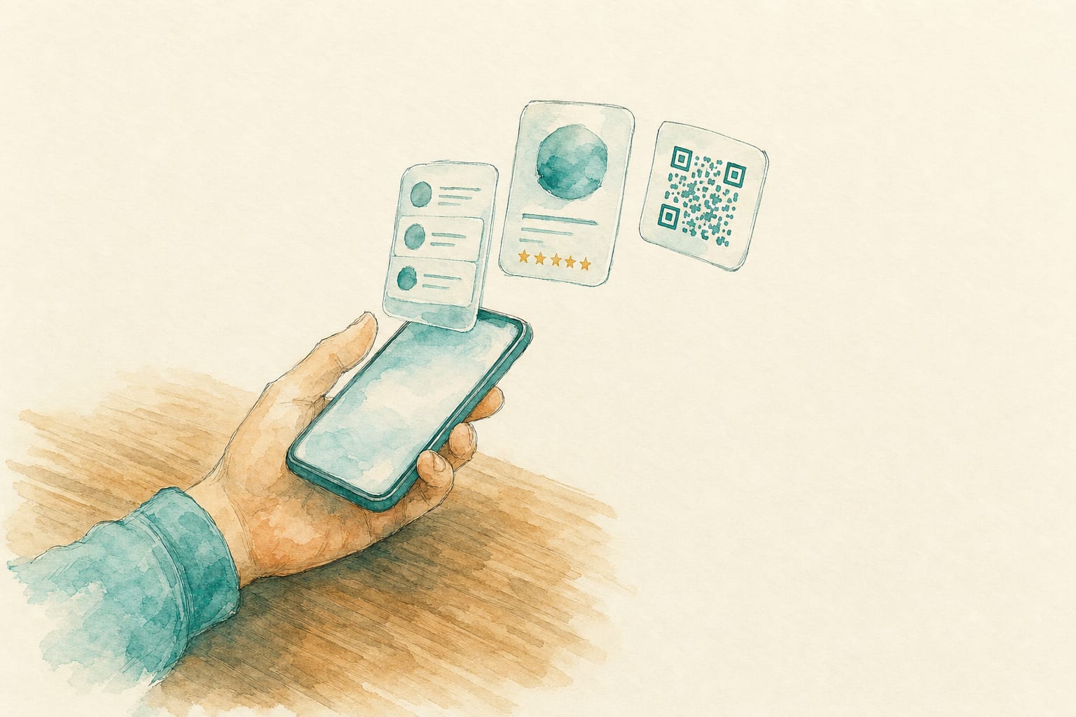 A hand holding a phone with three translucent cards floating above it: a list of classes, one class card, and a booking code.