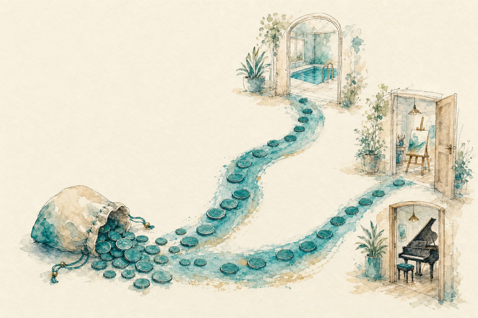 An open pouch with teal tokens spilling out and separating into three ribbons, each leading to a different studio doorway.