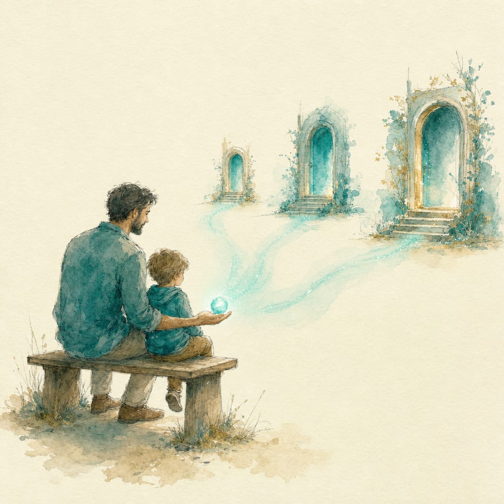 A parent and child on a bench holding a glowing balance of credits, its light reaching towards three studio doorways ahead.