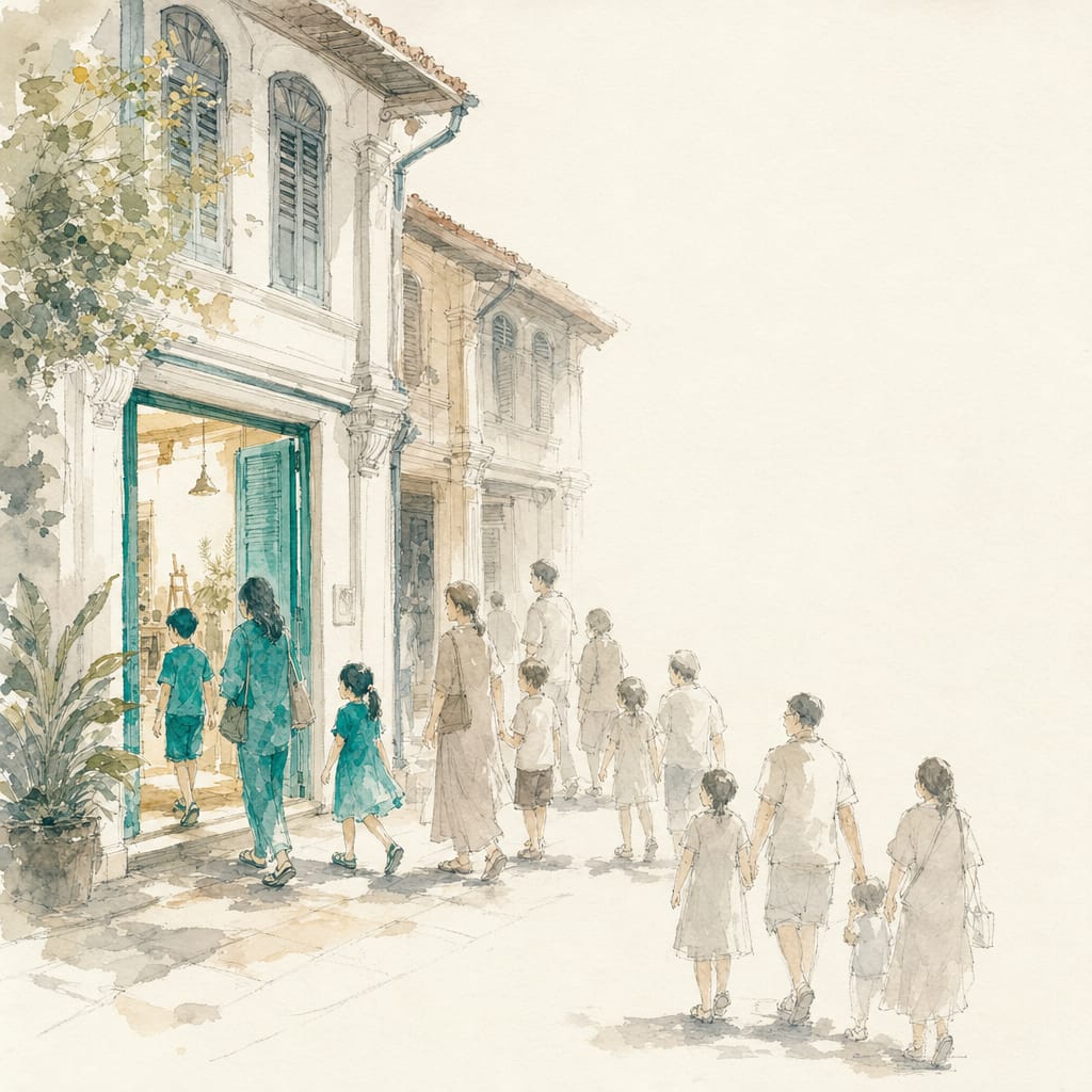 A crowd of pale figures walking past shophouses while a few figures turn and step into one lit studio doorway.