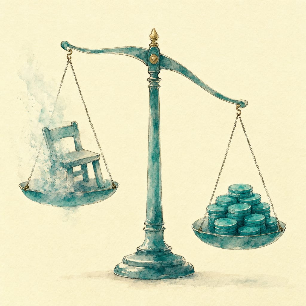 A balance scale weighing an empty chair that is dissolving against a small stack of credit tokens.