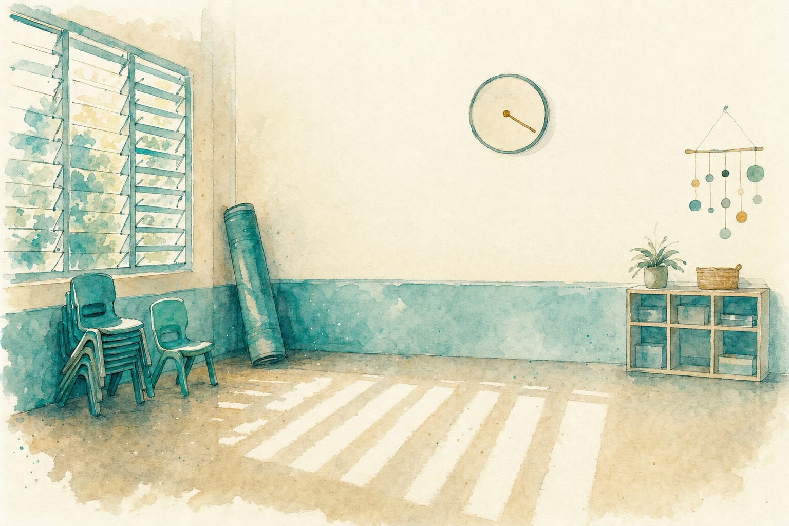 An empty children's studio in the middle of a weekday afternoon, chairs stacked, light falling through the shutters.