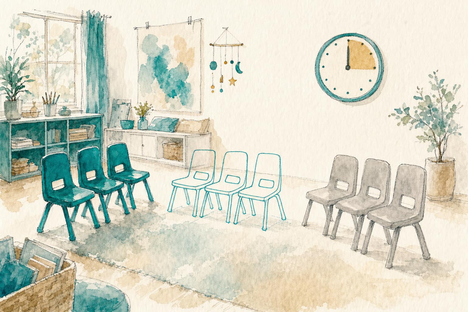 A studio room with three groups of chairs: solid teal chairs, chairs drawn as outlines, and pale grey chairs, beside a wall clock.