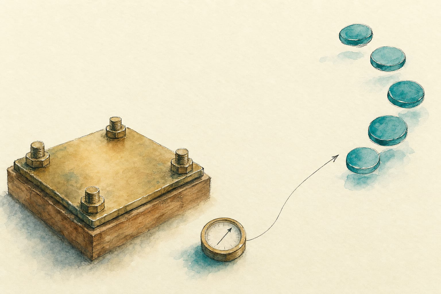 A brass plate bolted down beside a row of teal tokens floating at different heights, with an arrow reaching the tokens only.