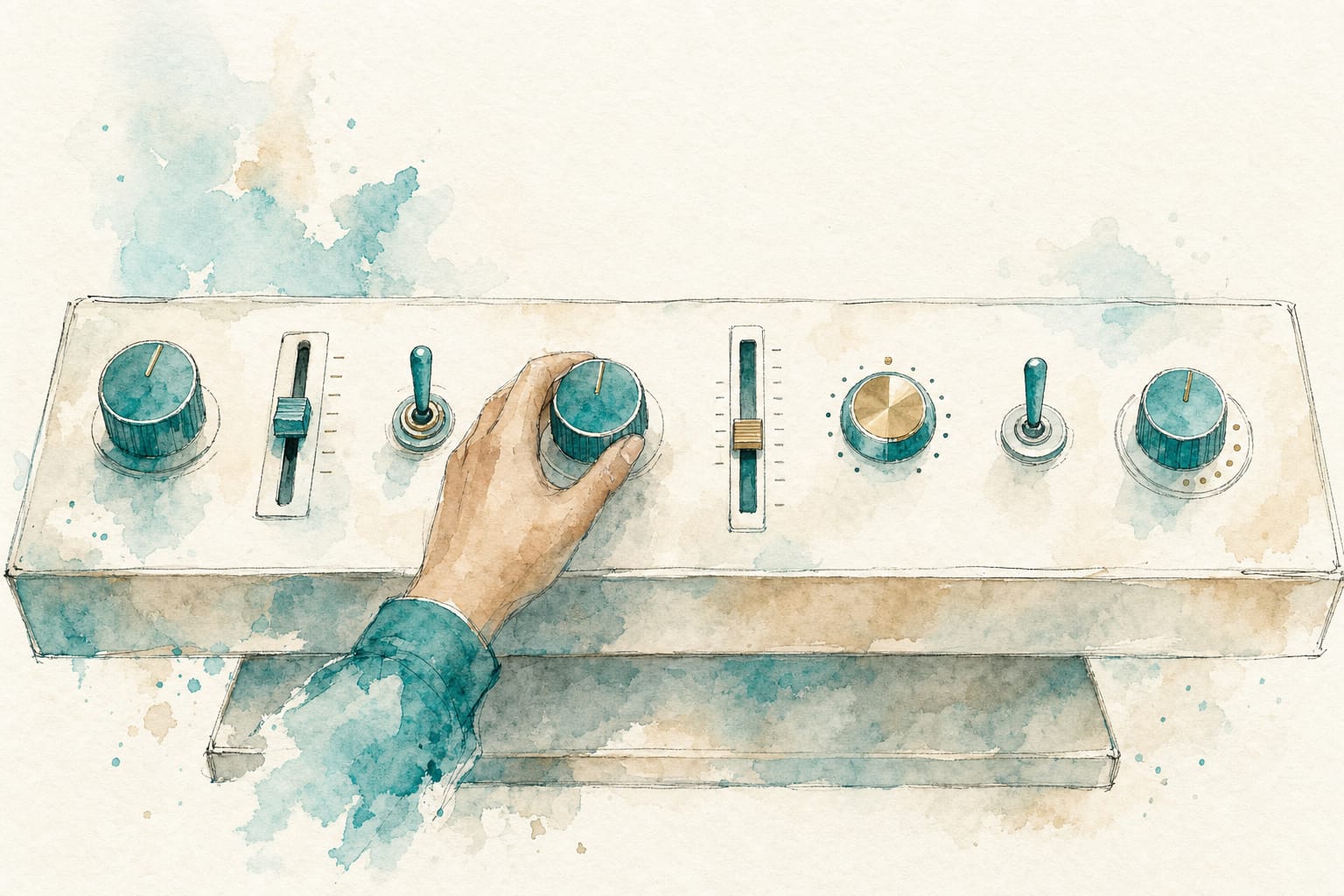 A control desk of eight dials, sliders and switches with a hand resting on one of them, and a small subordinate platform beneath it.