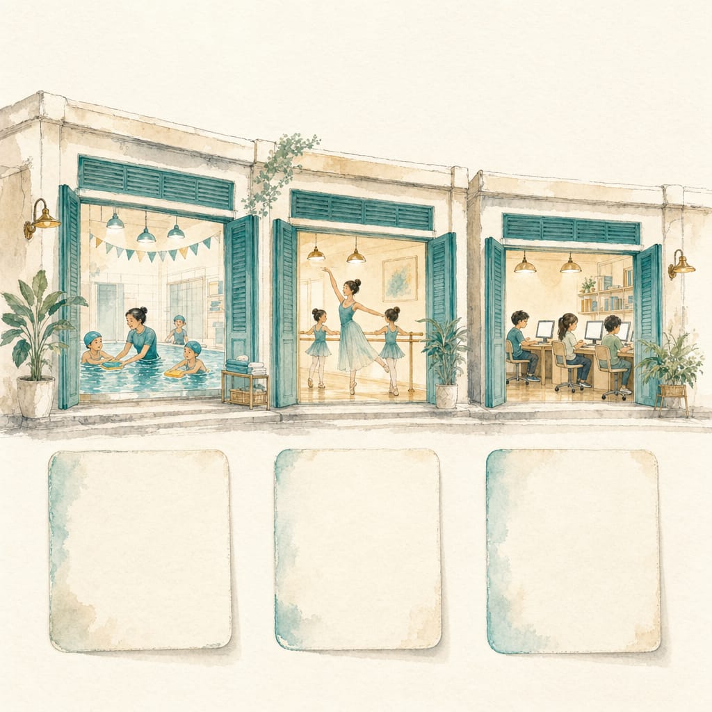 Three shophouse studio fronts in a row with their shutters open and warm light inside, a blank card beside each.