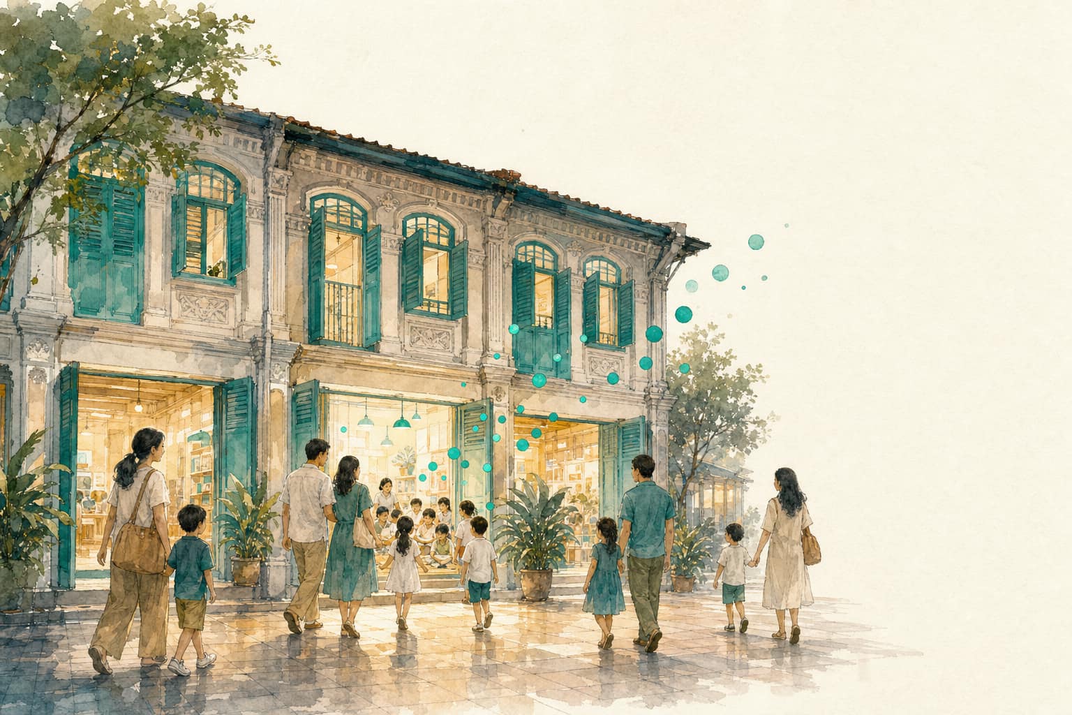 The same row of shophouse studios at dusk, warm light in every doorway and families walking in.