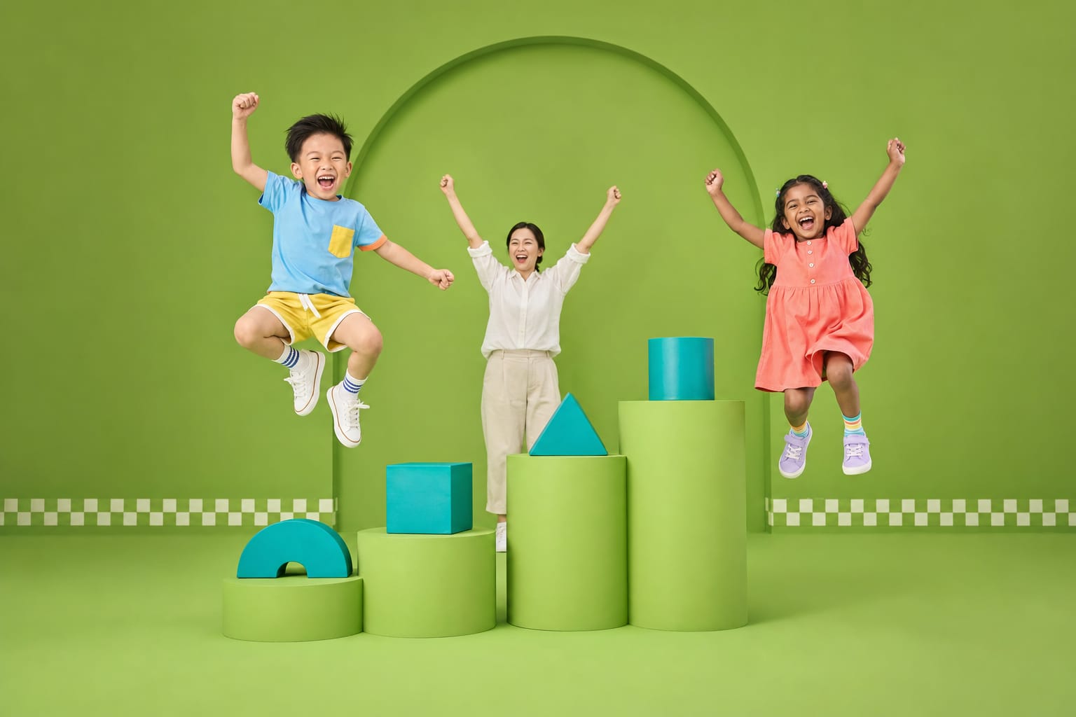Two children leap beside a rising staircase of teal blocks in a green studio, the owner celebrating behind them.