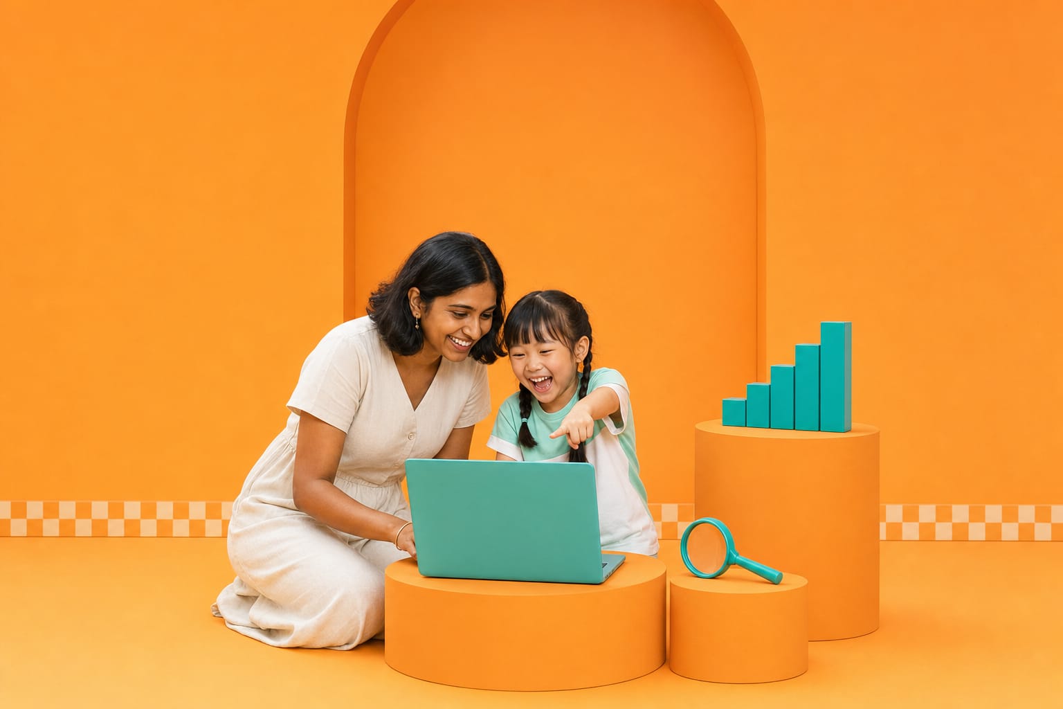 A studio owner and a laughing girl look at a teal laptop screen in an orange studio, a teal block chart beside them.