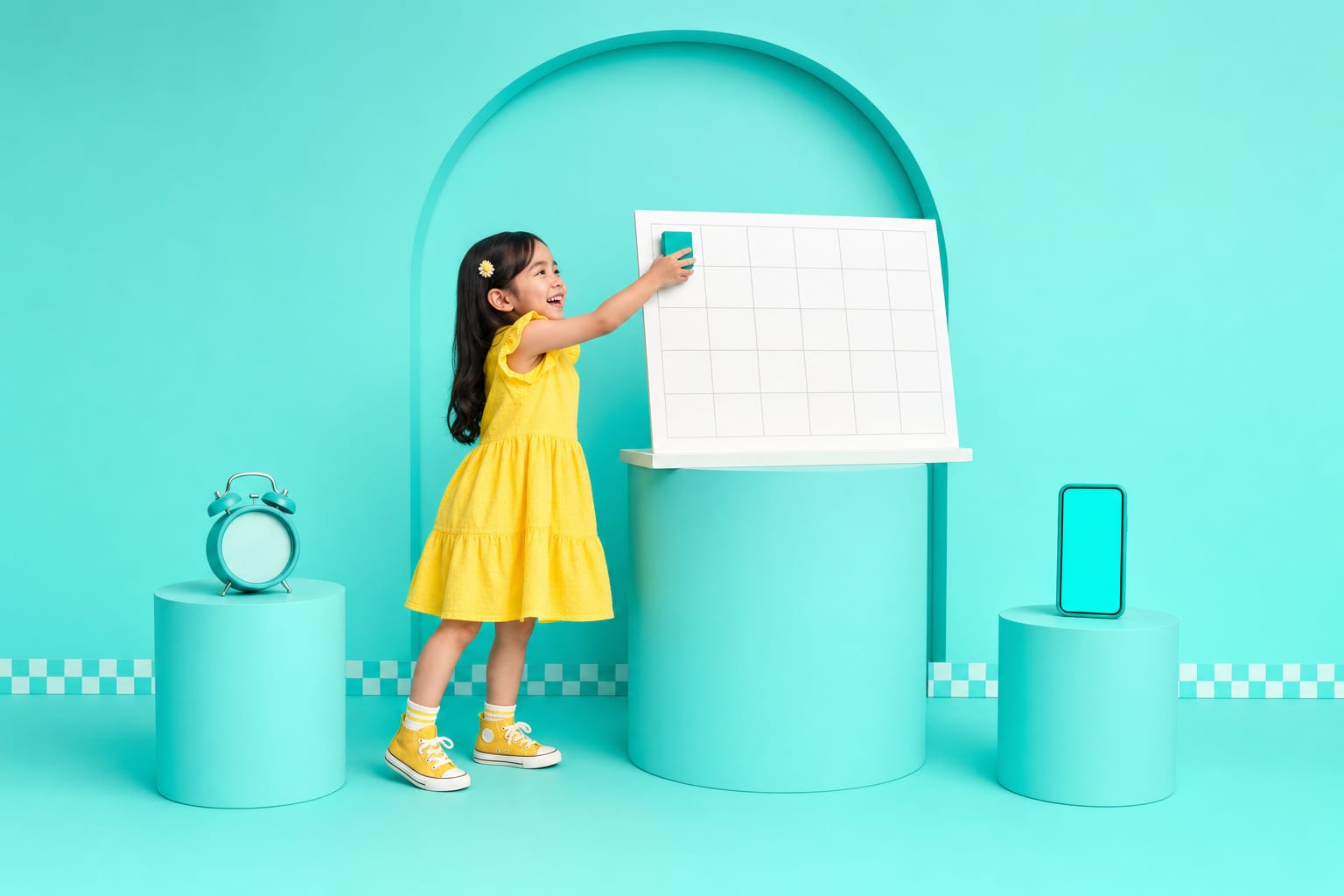 A girl reaches up to place a teal block onto a month-grid schedule board in an aqua studio.