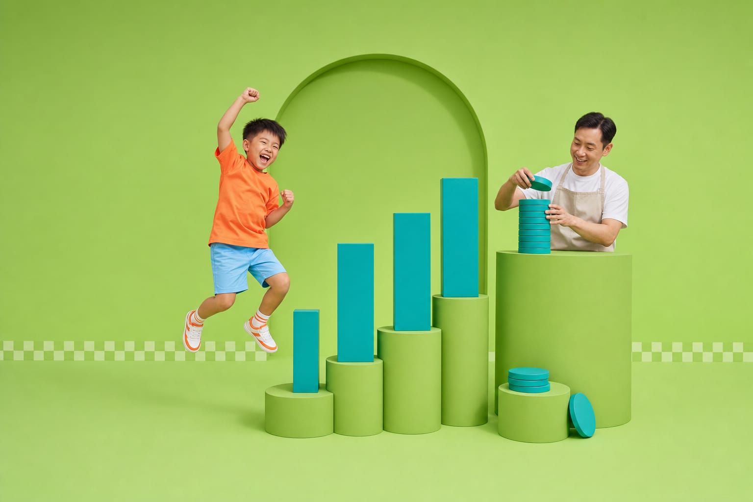 A boy leaps for joy beside a bar chart of teal blocks while a studio owner stacks teal coin tokens in a green studio.