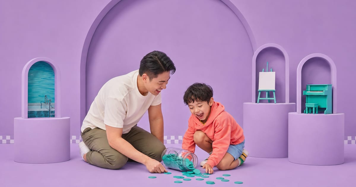 A father and son laughing as teal credit tokens spill from a jar