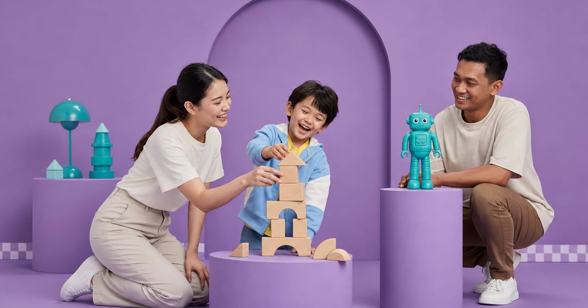Two parents and a boy building a tower of wooden blocks