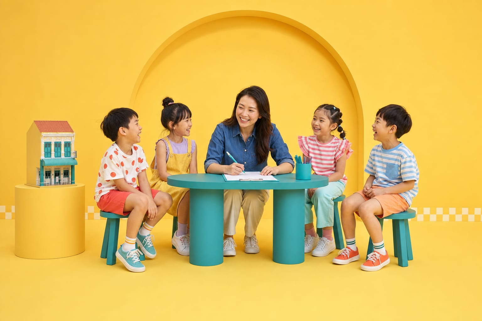A studio owner fills in a form at a teal table in a yellow studio, four children on stools around her, a small shophouse model on a pedestal.