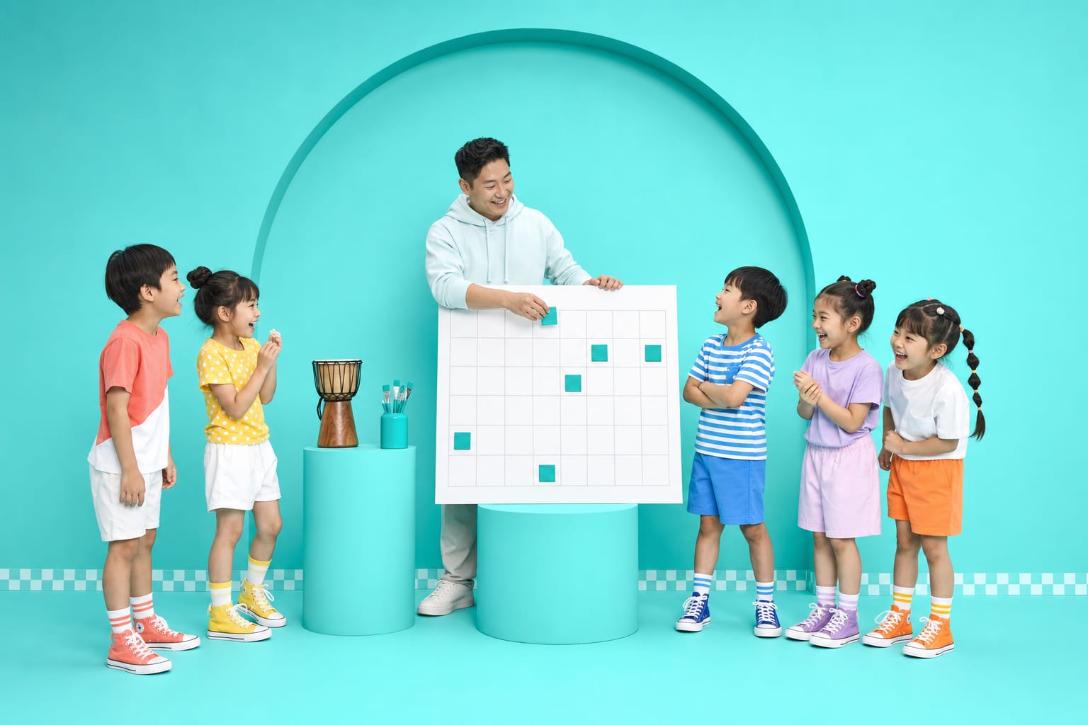 A coach places teal blocks onto a blank schedule board in an aqua studio, five children laughing around him.