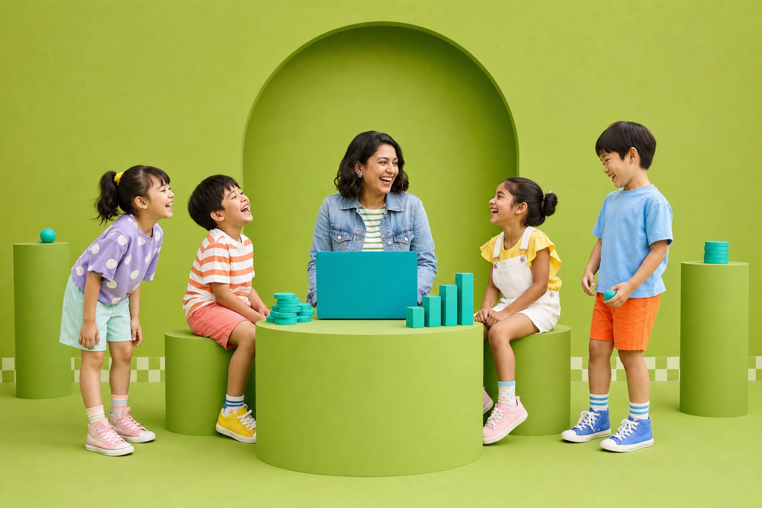 A studio owner laughs at a teal laptop in a green studio, teal token stacks and a bar chart beside her, four children around the desk.