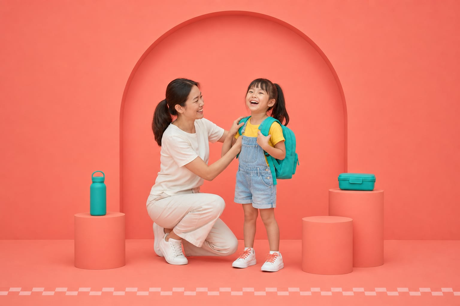 A mother crouches to help her laughing daughter shoulder a teal backpack in a coral studio.