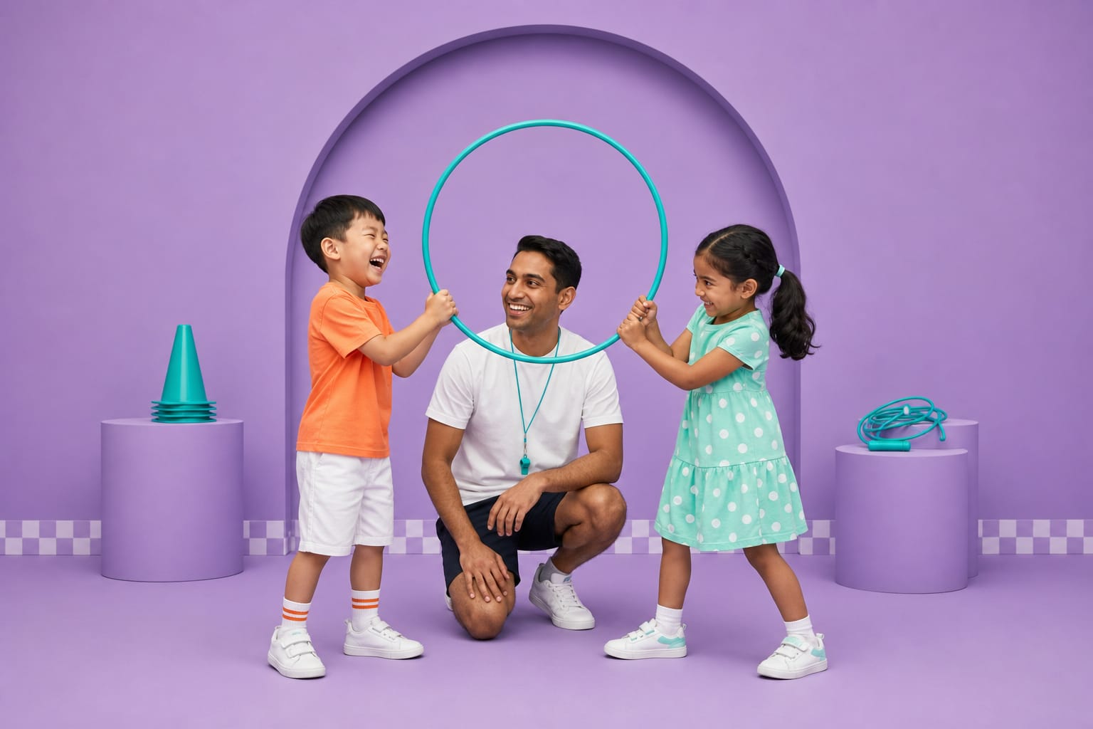 A coach kneels between two children holding up a teal hoop together in a lavender studio.